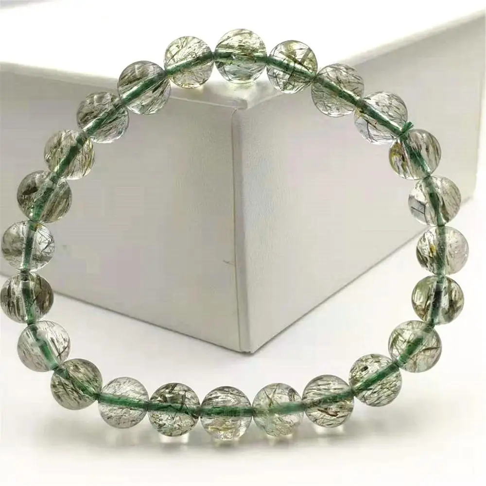 

7mm Natural Green Rutilated Tourmilated Quartz Clear Round Beads Bracelet Women Men Fashion Best Clear Reiki Stone AAAAA
