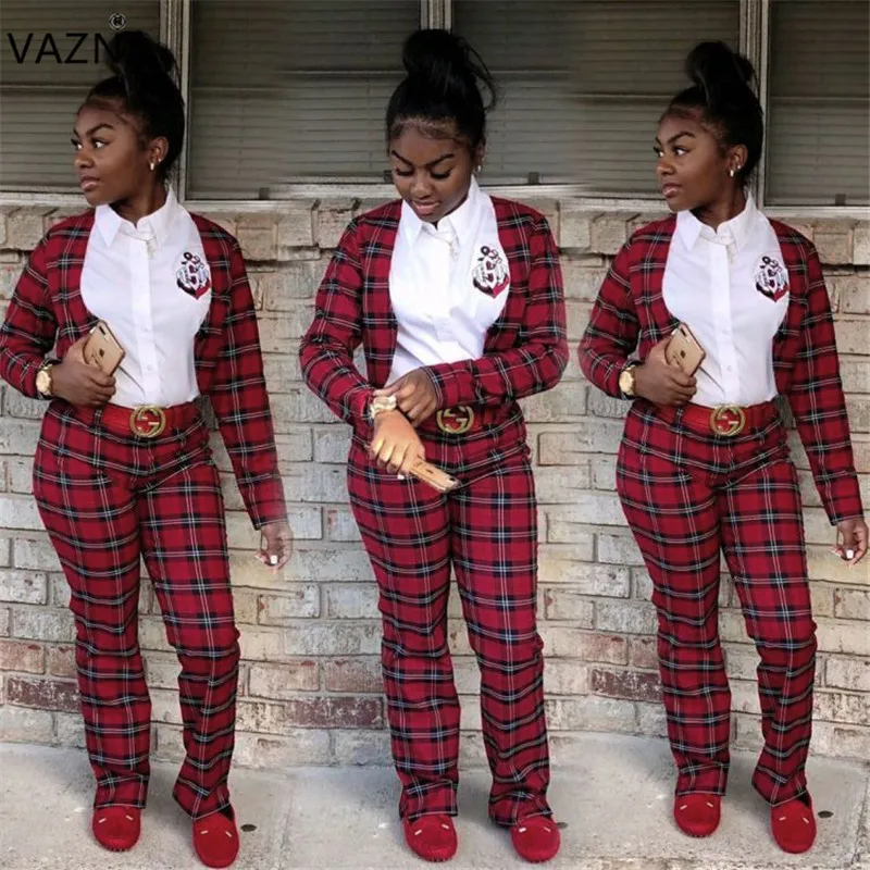 

VAZN LBXZ6178 Colorful Plaid Open Shirt 2Piece 2019 Casual Style Long Sleeve Top Long Pants Elasticity Tracksuits Set For Women