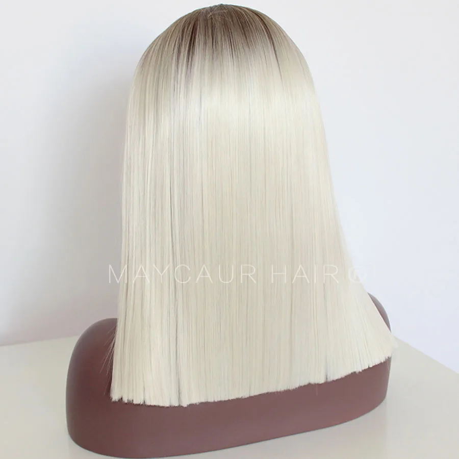 Brown Roots Pink White Ombre Color Short Bob Synthetic Lace Front Wigs For Women Middle Part Lace Wigs with Natural Hairline (9)