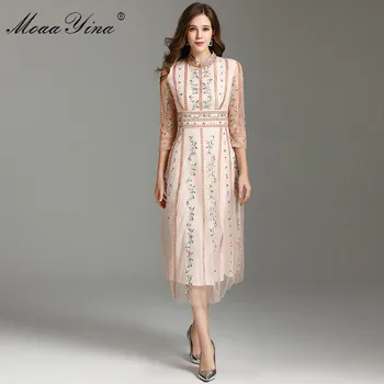 

MoaaYina Fashion Designer dress Spring Autumn Women's Dress Stripe Mesh Embroidery Vintage Runway Dresses