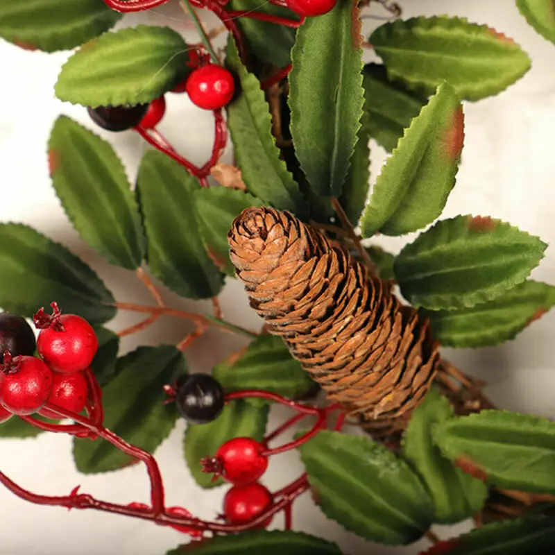 Christmas Wreath Artificial Red Fruit Pine Wreath Xmas Tree Wall Door Decors Hanging Wreath Garland Pine Cone Red Berry Décor