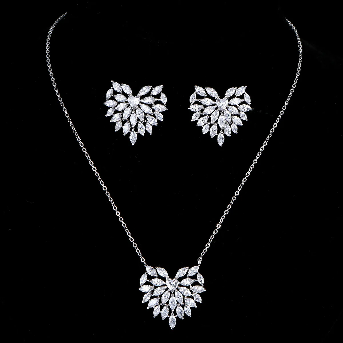 

Hot Selling Peach Heart Zircon Necklace Ear Stud Two-Piece Set Korean-style Heart Accessories