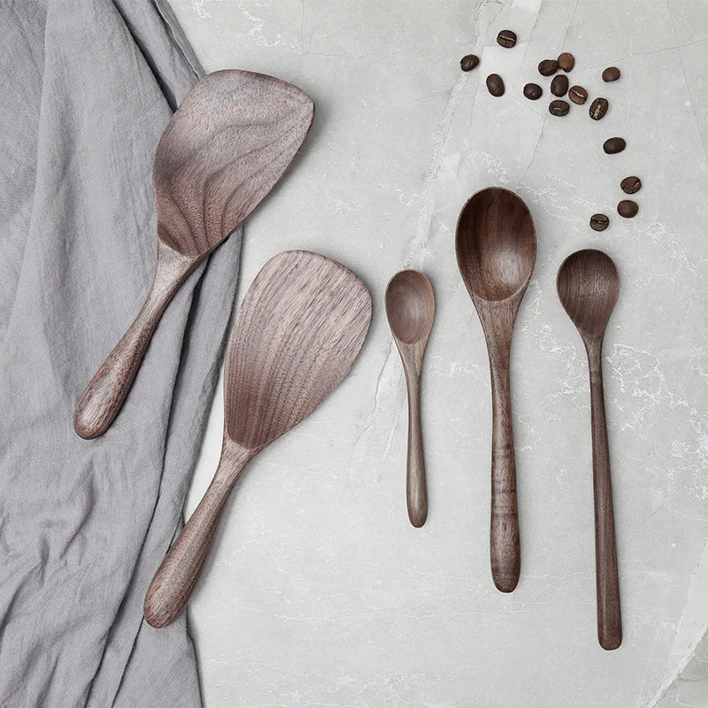 

Vacclo Black Walnut Spoons Wooden Eco-friendly Japanese Style Coffee Stir Long Scoop Large Soup Rice Spoon Kitchen Tableware