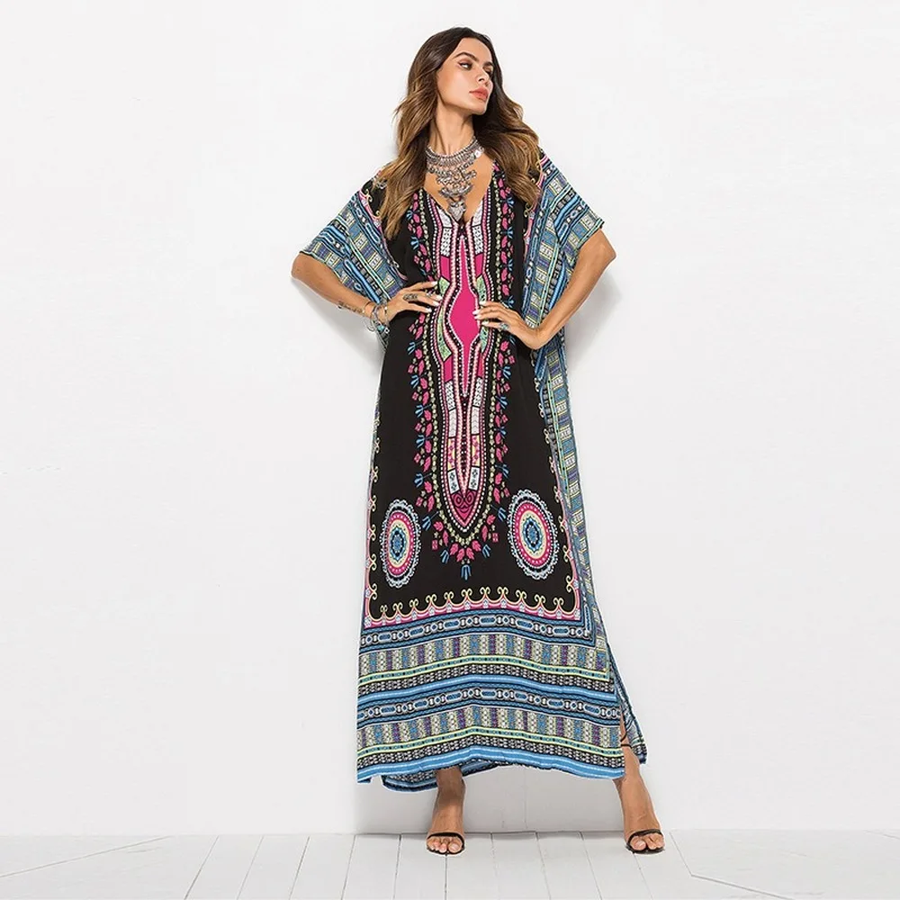 

The Bat Sleeve Printing Dress Casual Fashion Dresses Plus Size Women Blue Beach Dress Ankle-length Dresses Summer 2020 Bohemian