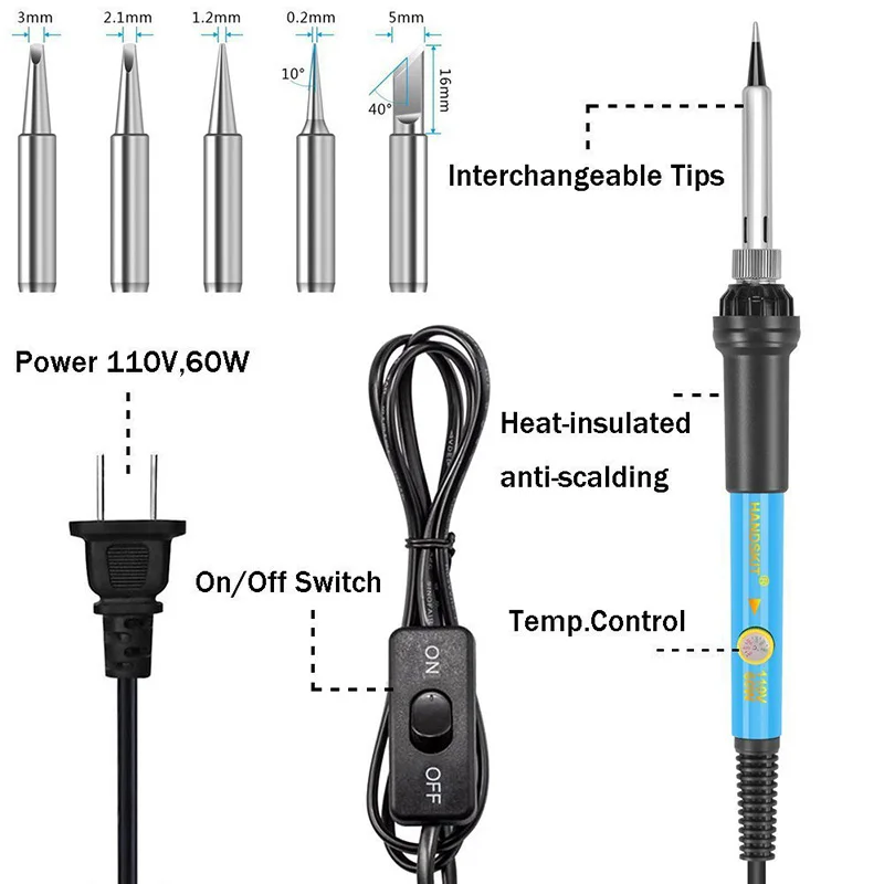 납땜 인두 조정 가능한 온도 전기 220V 110V 60W 용접 솔더 재 작업 스테이션 열 Cautin 연필 팁 수리 도구