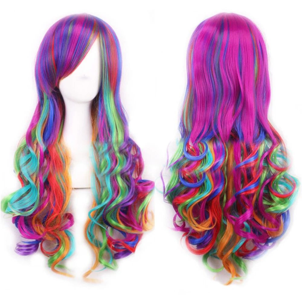 Halloween Women's Fashion Long Cosplay Party Full Wig Curly Hair Full Wigs Rainbow Color Photo Prop. 3