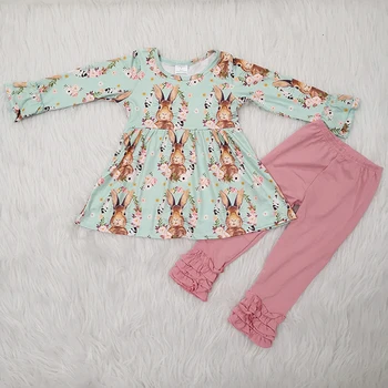 

toddler infant clothing outfit kids baby girl fashion cute green brown rabbits full printed tunic match solid pink pant outfits