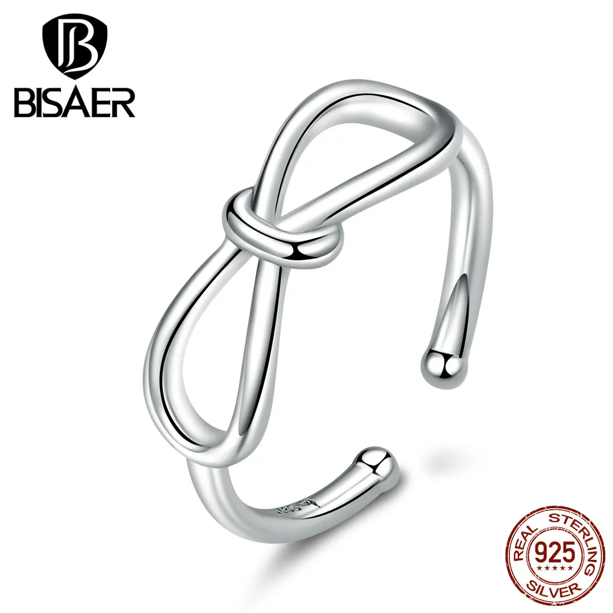 BISAER 925 пробы серебра с украшением-бантом, простые кольца для Для женщин Регулируемый Размеры модные Серебряные ювелирные изделия подарок HVR080