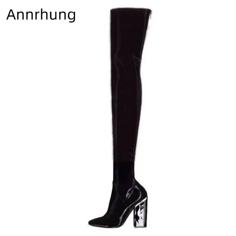 

Sexy Thigh High Boots Women Slim Patent Leather Long Botas Fashion Clear Square High Heel Catwalk Boots Shiny Long Botas Mujer