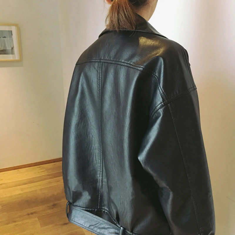 Mooirue осень зима женские классические кожаные куртки пальто на молнии Винтаж Harajuku уличная Корейская свободная черная искусственная кожа пальто