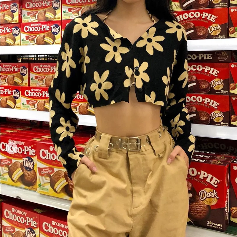 

Hot 2019 Autumn England Style Women's New Long Sleeve Round Neck Print Single-breasted Cardigan Slim Fit Navel Wild T-Shirt
