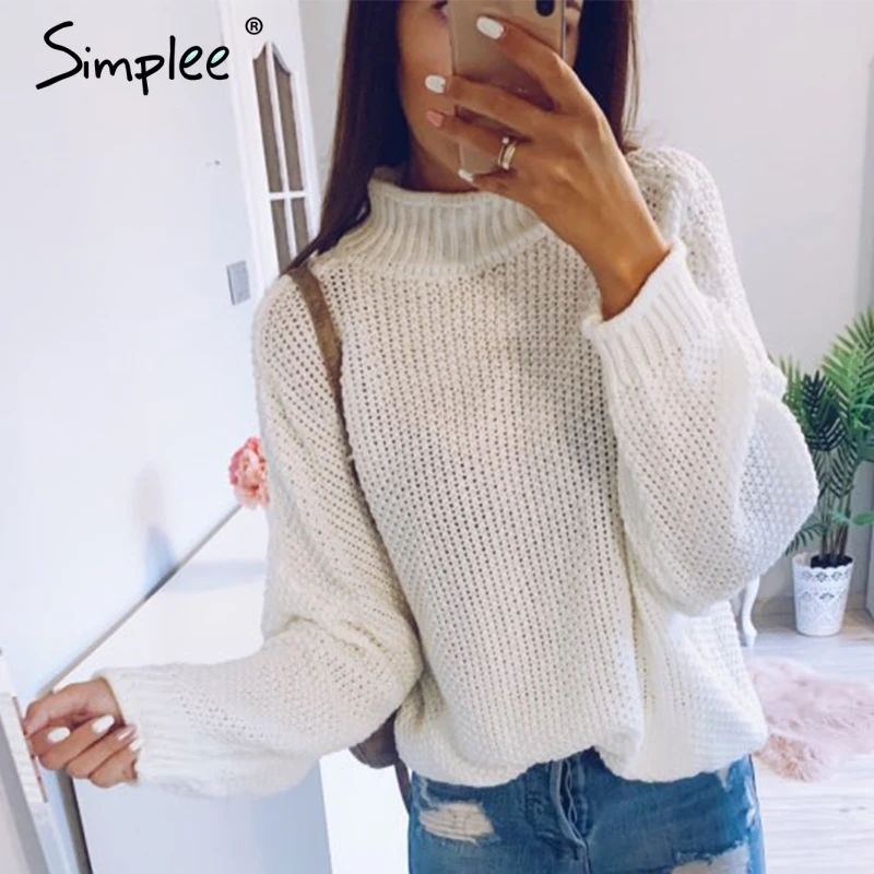 Ceny Simplee sweter z golfem biały sweter z długim rękawem sweter typu oversize z dzianiny luźny kobiecy sweter femme