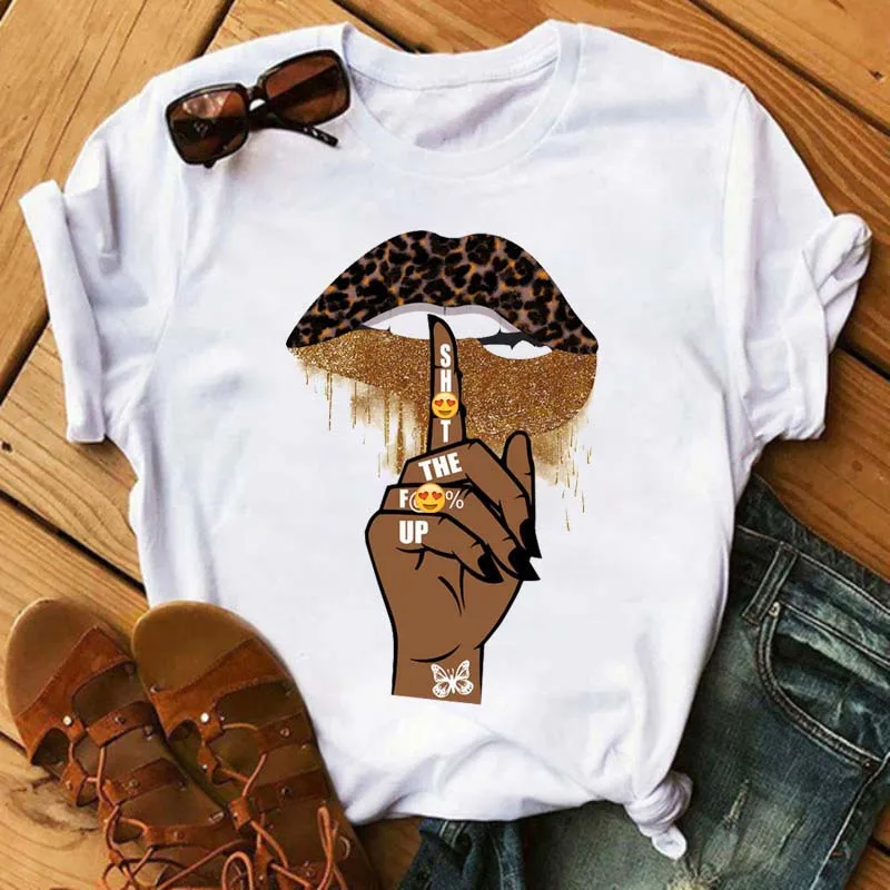 Maycaur Fashion Leopard Lips Printed T Shirt Women Summer Short Sleeve Lips T-shirt White Tees Shirt Harajuku Korean Street Tops cute summer crop tops Tees