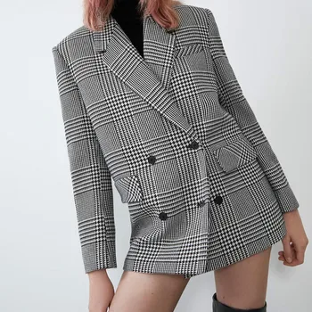

Women Elegant Pockets Long Sleeve Suits Female Ladies Double Breasted Blazers Fashion Casual Houndstooth Jackets Plaid Button