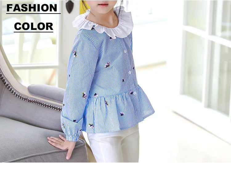 Spring New Products Girls Long Sleeve Vertical Striped Shirt Korean-style Childrenswear Big Boy Peter Pan Collar Tops D087