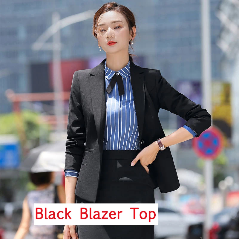 Black blazer top Женский деловой офисный женский костюм с брюками, осенне-зимний форменный Блейзер, пиджак, брюки, Элегантная черная Синяя Униформа, большие размеры - Цвет: Black blazer top