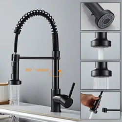 Deck Mounted Flexible Kitchen Faucets Pull Out Mixer Tap Black Hot Cold Kitchen Faucet Spring Style with Spray Mixers Taps E9009