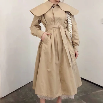 

2020 spring Khaki New Long Trench Coat Women Casual loose Long Sleeve Windbreaker A-line Vintage with belt Cloak Korean FY99