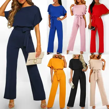 

Womens Batwing Sleeve Jumpsuits Tie Waist Wide Leg Trousers Playsuit S-3XL