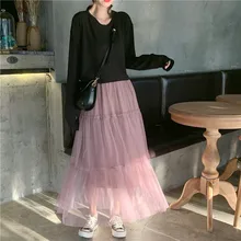 Корейский стиль faldas mujer moda empire, до середины икры, Лоскутная Сетка, милая стильная Осенняя Женская одежда, юбки, blusas mujer de moda, женская одежда