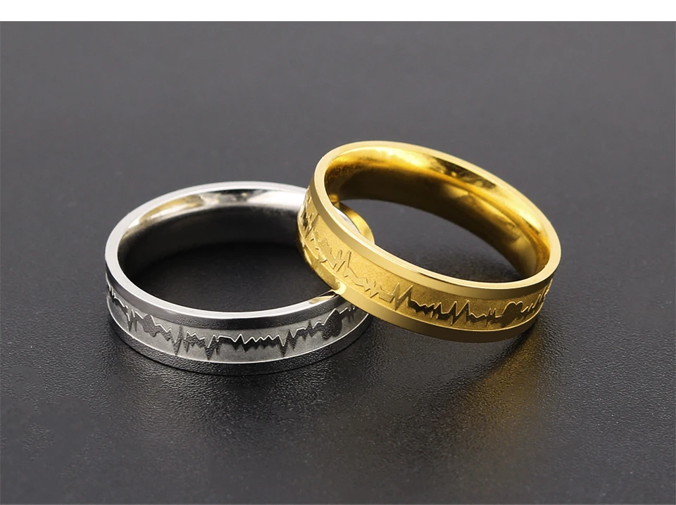 Innopes ECG Ring Stainless Steel Mood Ring Promise Heartbeat Wedding gold Ring Fashion Couple Jewelry for Men Women