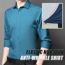 Camisa antiarrugas elástica para hombre, camisas de vestir de manga larga, Formal, con bolsillo frontal, antiarrugas