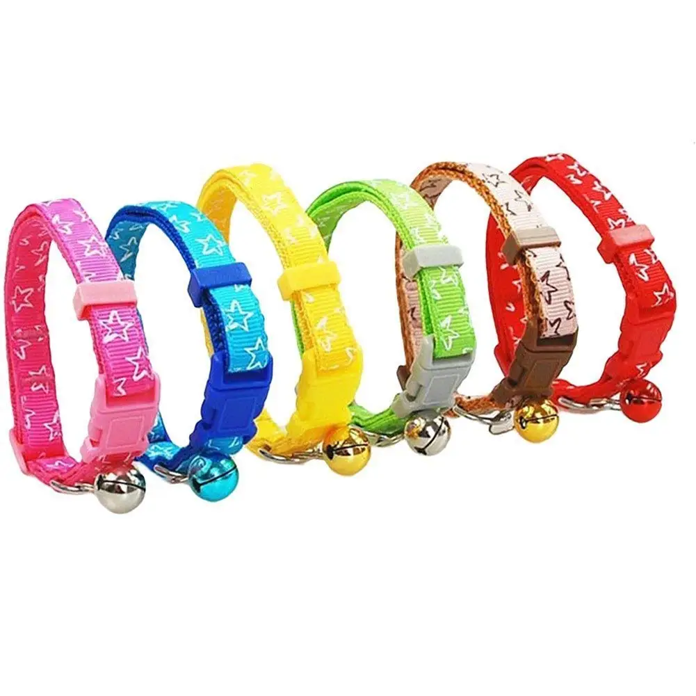 6Pcs Adjustable Pet Collar with Bell Cat Collars Reflective Nylon Strip Star Print Dot Design for Small Puppy Kitty Kitten