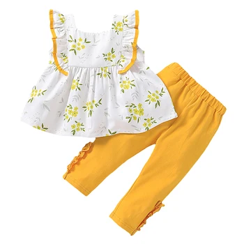 

2020 Summer Toddler Baby Girl Clothes Sets Ruffles Solid Sleeveless Shirt Tops+Pants 2pcs Kids Outfits Children Clothing