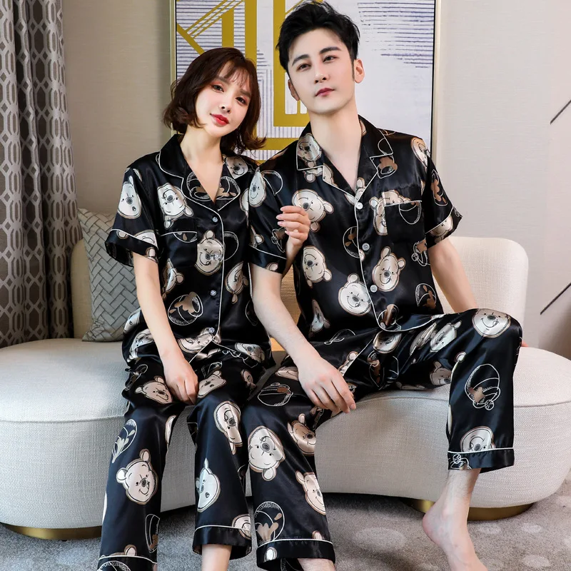 silk loungewear Short Sleeve Trouser Pure Color or Printed Flower Pajama Set Men Thin Silk Sleepwear Set Satin Lounge Wear Couple Snight Pijamas plus size pajama pants Men's Sleep & Lounge