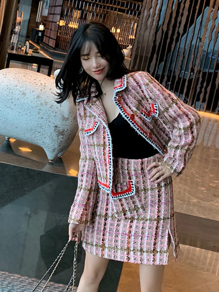 High Quality Tweed 2 Piece Set Fall Designer Pink Plaid Tweed Jacket Skirt Suit Single Breasted Wool Coat& One Step Skirt