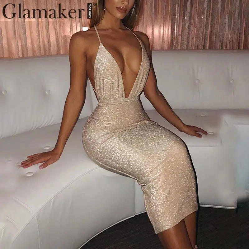 Glamaker сексуальное Бандажное длинное платье с открытой спиной и люрексом женское