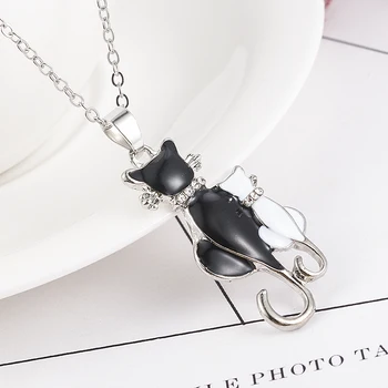 

2019 Cute Double Kitty Design pendant necklace Fashion Women Charming Alloy Chain Necklace Sweater Necklace statement necklace