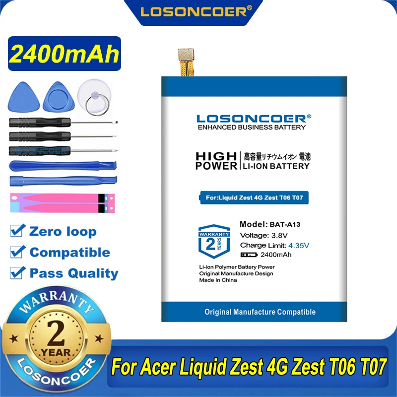 Аккумулятор LOSONCOER 100% BAT-A13 мА · ч для Acer Liquid Zest 4G T06 T07 2400 1ICP4/385366 + Бесплатные