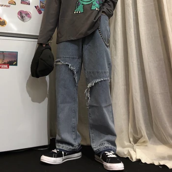 

Men's Wash Holes Loose Wide Leg Pants Baggy Homme Cargo Pocket Jeans Casual Pants Blue Color Tide Biker Denim Trousers M-XL