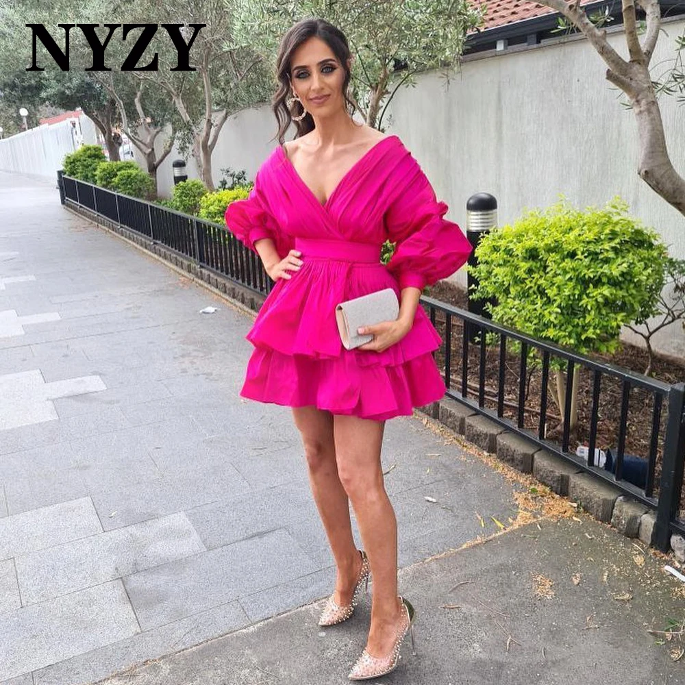 

NYZY C318 Chic Taffeta Long Sleeves Layered Ball Gown Cocktail Dresses 2021 Short Formal Dress Party Homecoming Graduation