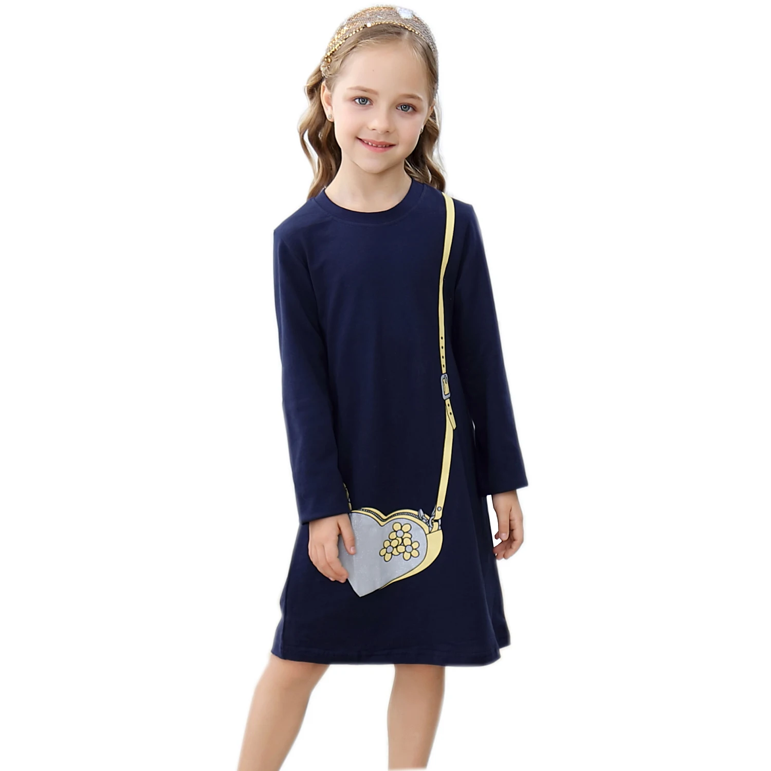 

Christmas Girl Dress Robe Princesse Fille Bag Print Princess Costume Girls Long Sleeve Dress Back to School Clothes 2-7Years