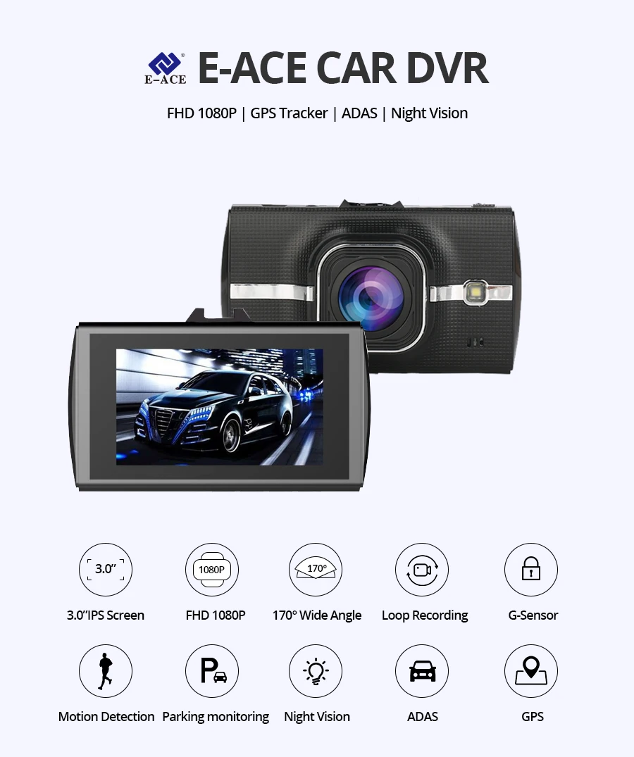 E-ACE Автомобильный видеорегистратор с gps трекером, видеорегистратор Full HD 1080 P, видеорегистратор ADAS LDWS, камера ночного видения, Автомобильный регистратор, видеорегистраторы