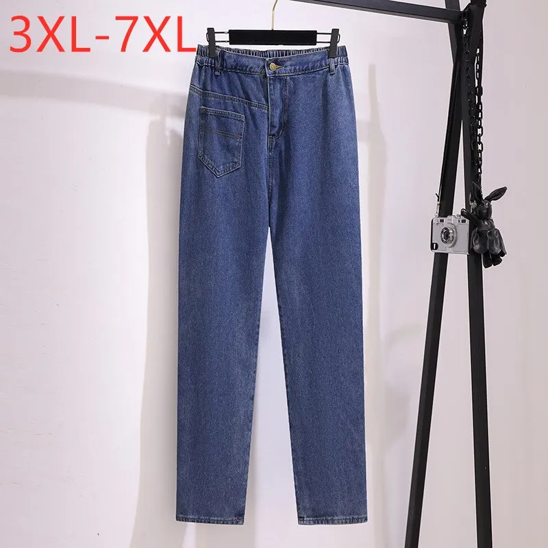 

New 2021 Ladies Autumn Winter Plus Size Jeans For Women Large Loose Cotton Pocket Blue Denim Long Trousers 3XL 4XL 5XL 6XL 7XL