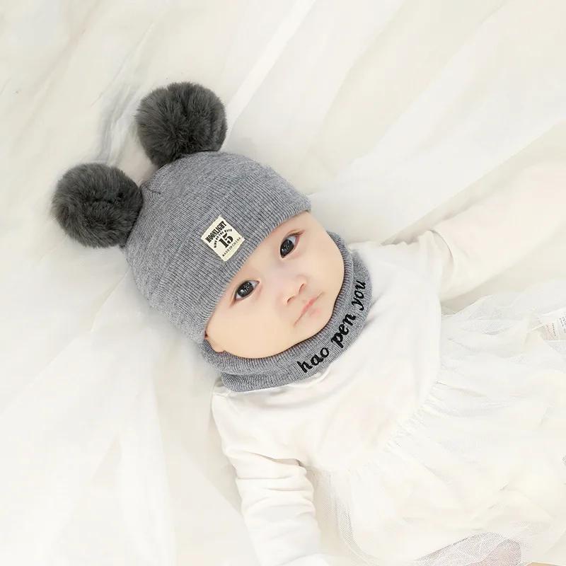 1 комплект; шапки для новорожденных; шарфы для девочек и мальчиков; зимняя теплая вязаная шапка с помпоном; меховые шарики; однотонные милые шапочки; шапки; комплект с шарфом