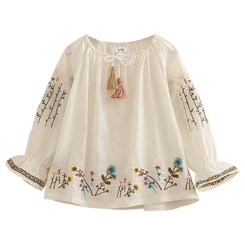 

Kids Girls Blouse 2020 Spring Autumn Navy Blue White Embroidery Flare Trumpet Sleeve Baby Kids Girls Tassels Blouses Shirt
