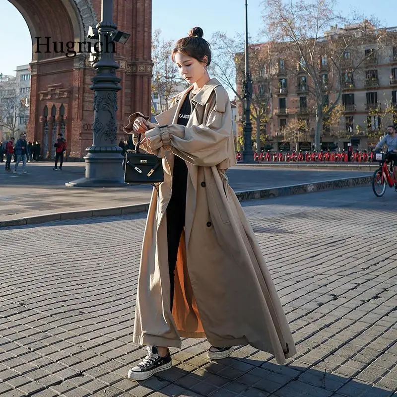 Korean Style Loose Oversized Long Women's Trench Coat Double-Breasted Belted Lady Cloak Windbreaker Spring Fall Outerwear