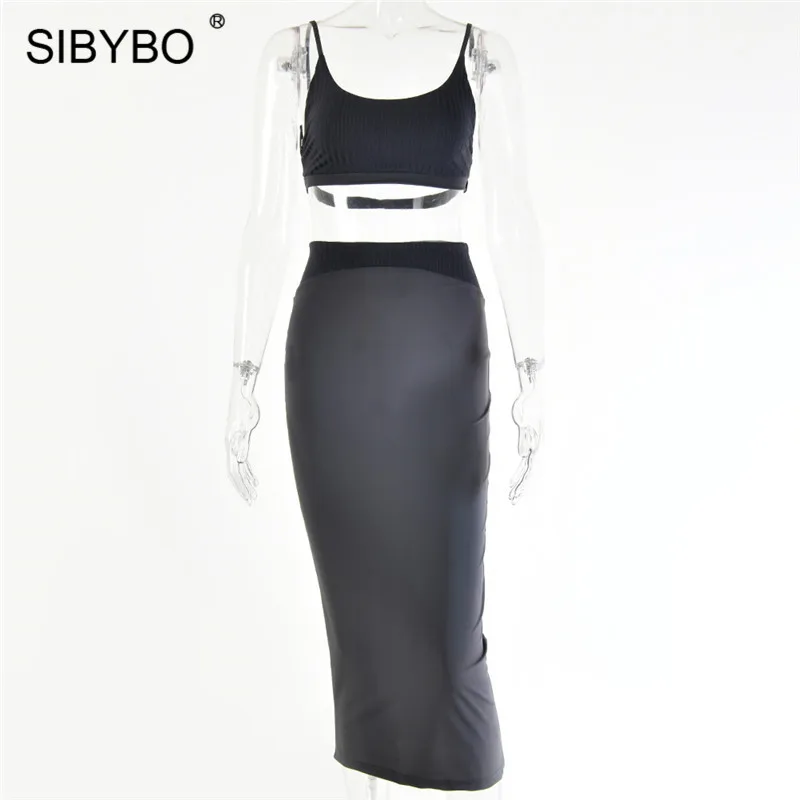 Sibybo Backless Ribbed Sexy Two Piece Set Dress Women Sleeveless Bandage Summer Bodycon Dress High Waist Beach Club Party Dress - Цвет: As Shown