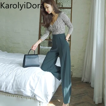 

2020 Spring Summer new Korean OL temperament fashion V-neck print bottoming shirt waist wide leg pants trousers suit