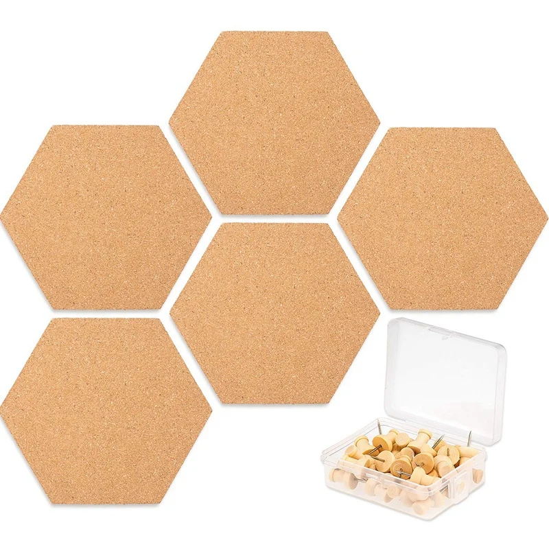 

5 Pack Hexagon Cork Board Tiles with Full Sticky Back,Mini Pin Board with 40x Push Pins for Pictures, Photos, Drawing