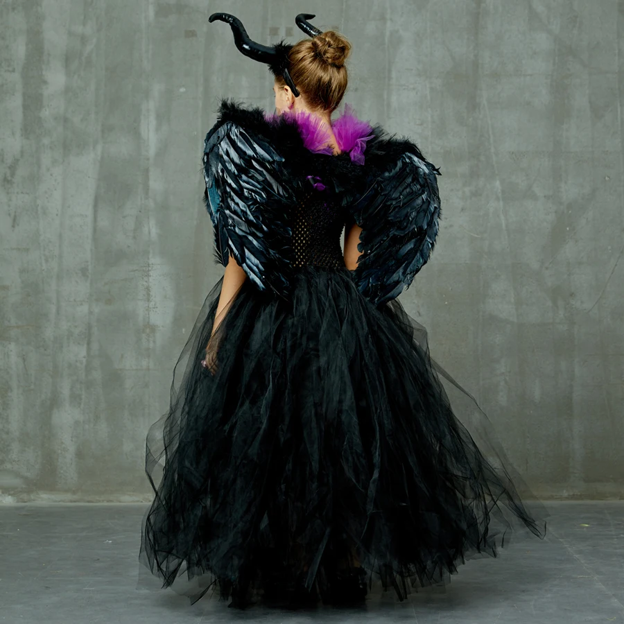 Kids Maleficent Evil Queen Girls Halloween Fancy Tutu Dress Costume Children Christening Dress Up Black Gown Villain Clothes (14)