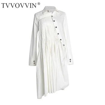 

Loose Women White Button Pleated Asymmetrical Shirt Dress New Lapel Long Sleeve Loose Fit Fashion Tide Spring Autumn 2020 QW004