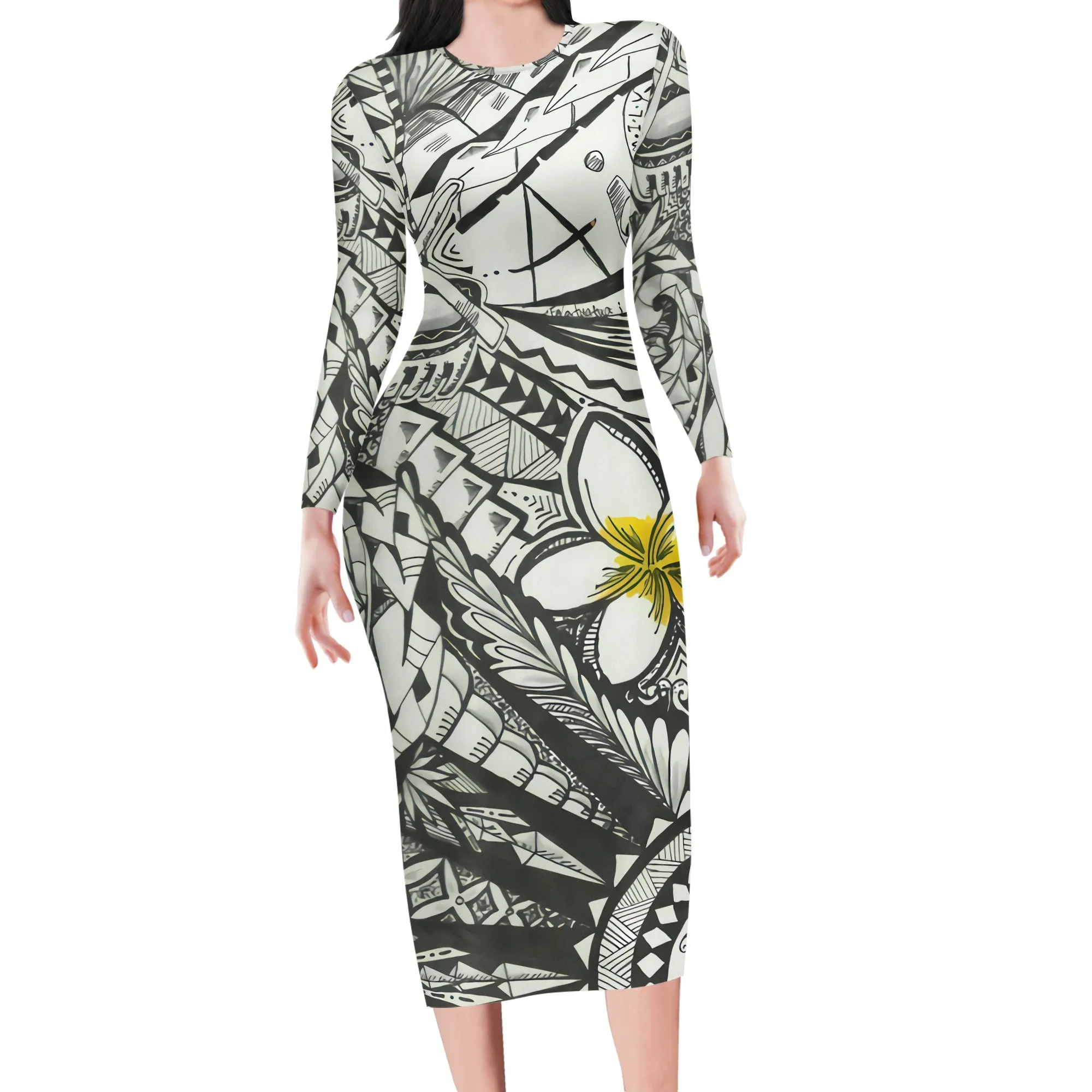 Classical Print Polynesian Samoa Guam Tribe Women's Long Dress 3XL Ladies Clothing Hawaii Long Sleeve Dress