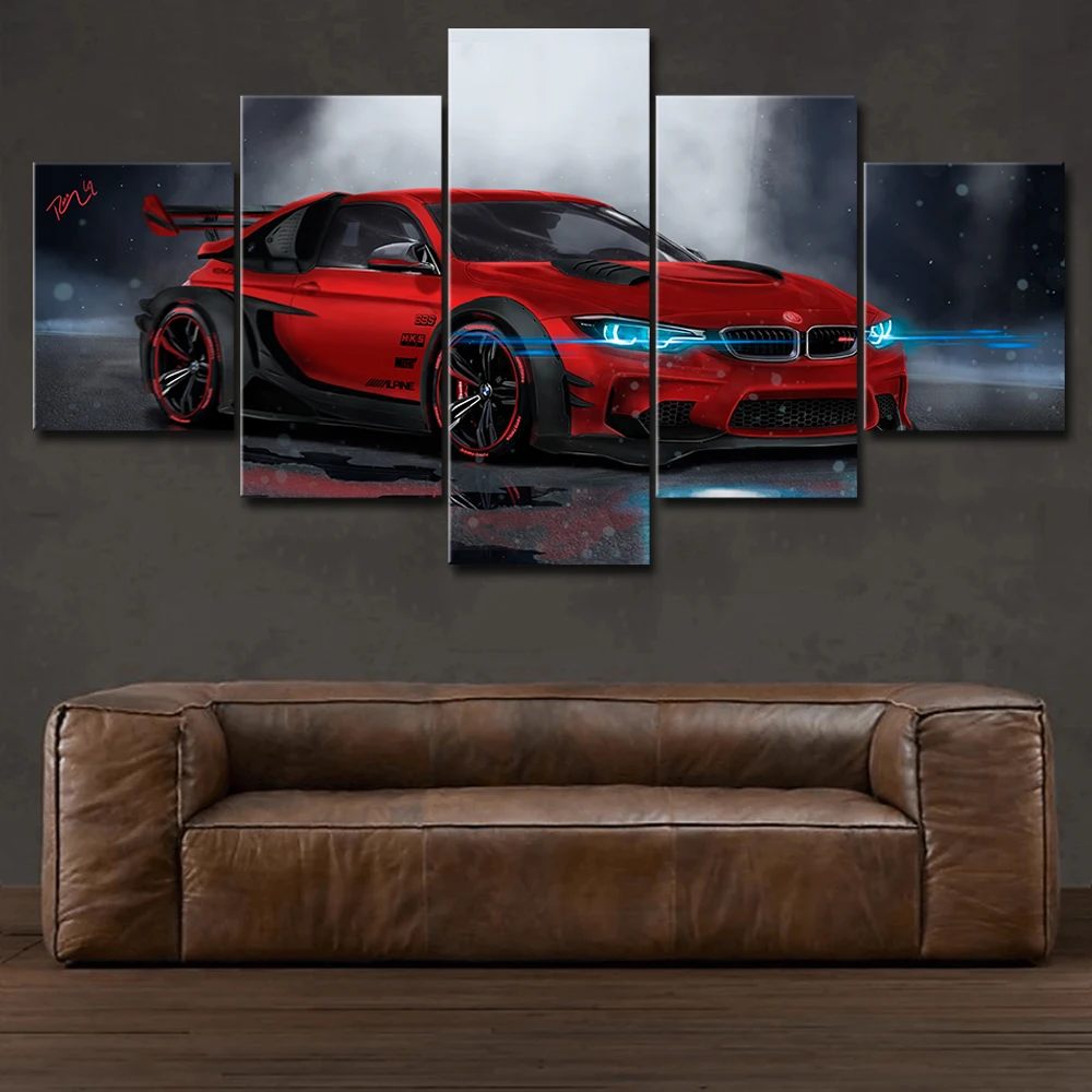 

Wall Art Canvas Painting Frame HD Prints Modular Poster For Living Room 5 Pieces BMW M4 Red Sport Car Pictures Home Decorative