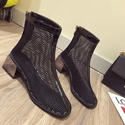 

Deification Stylish Hollow womens Shoes Ladies Sexy Square Heel Ankle Boots Black Air Mesh Boots Fashion sexy Dot women boots