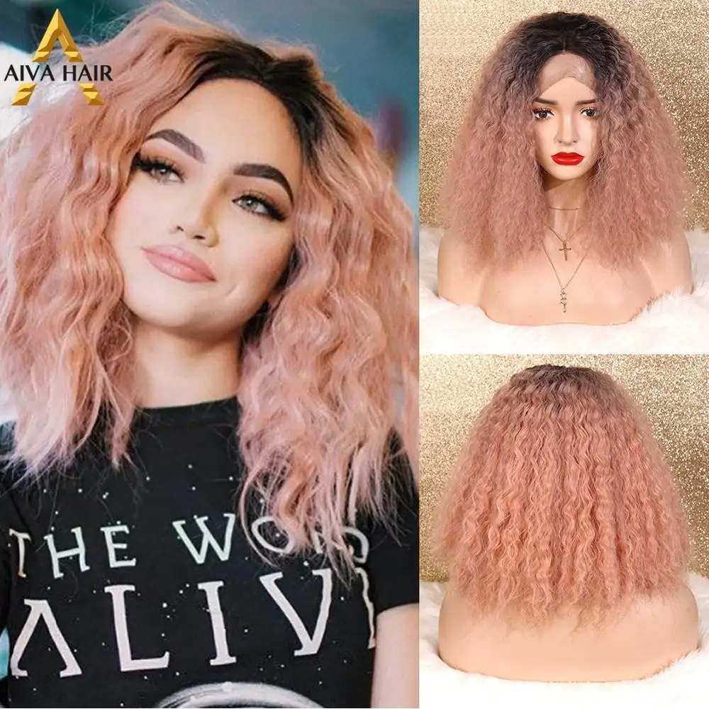 Aiva Hair Heat Resistant Curly Synthetic Lace Front Wig Black Roots Pink Ombre Glueless Cosplay Wigs For Women | Шиньоны и парики